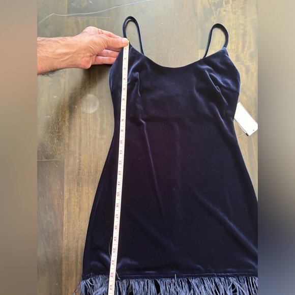🥳♥️ Junior’s B. Darlin Navy Scoop Neck Velvet Feather Trim Dress - Picture 15 of 16